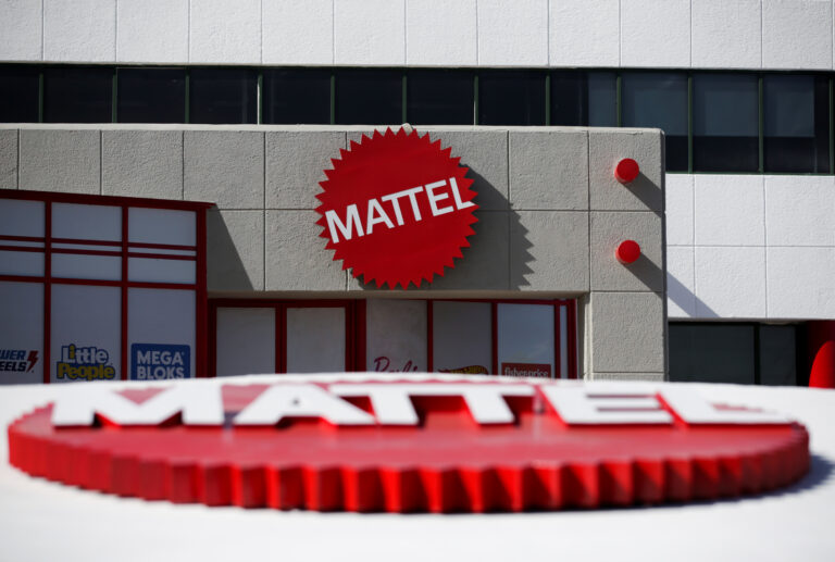 The Mattel company logo is pictured at the entrance of the Montoi plant in the municipality of Escobedo