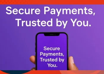 Buyer and seller shaking hands digitally through mobile escrow payment app interface symbolizing digital trust