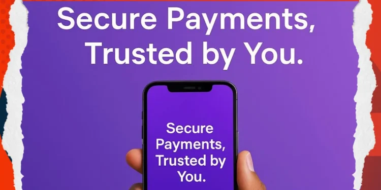 Buyer and seller shaking hands digitally through mobile escrow payment app interface symbolizing digital trust