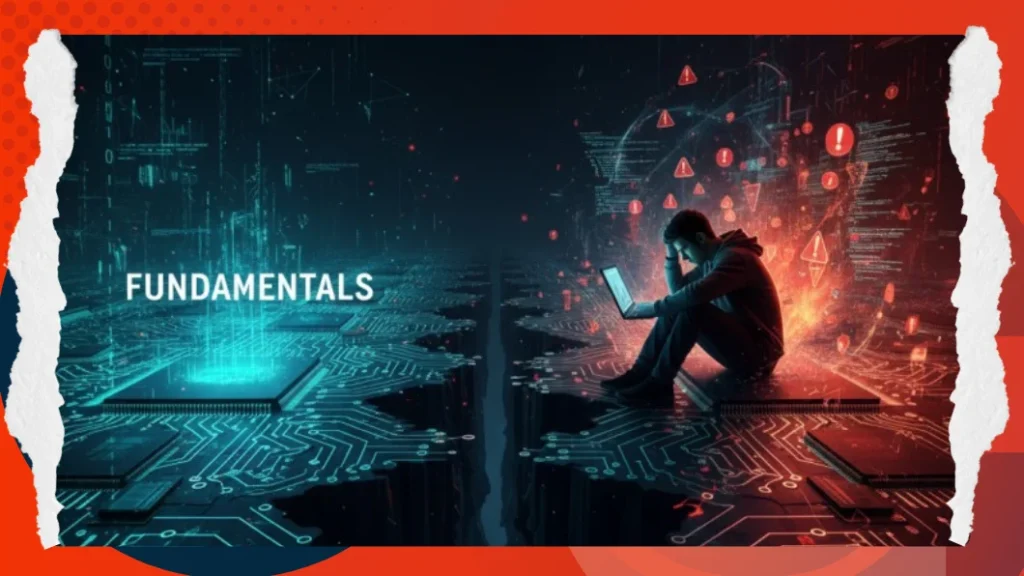 Illustration comparing a chaotic, error-filled coding environment with a clean, optimized blue circuit board, representing the gap in developer fundamentals.