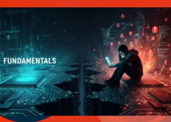 Illustration comparing a chaotic, error-filled coding environment with a clean, optimized blue circuit board, representing the gap in developer fundamentals.