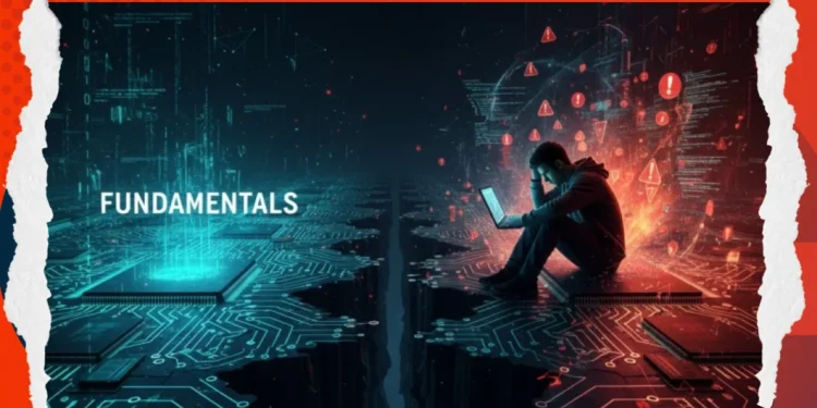 Illustration comparing a chaotic, error-filled coding environment with a clean, optimized blue circuit board, representing the gap in developer fundamentals.