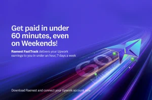 Raenest FastTrack promotional banner showing Upwork payments under 1 hour.
