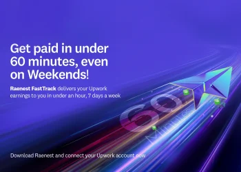 Raenest FastTrack promotional banner showing Upwork payments under 1 hour.