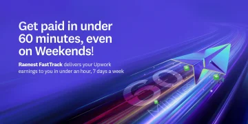 Raenest FastTrack promotional banner showing Upwork payments under 1 hour.