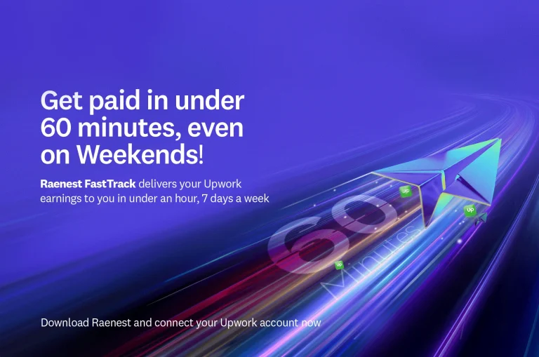 Raenest FastTrack promotional banner showing Upwork payments under 1 hour.