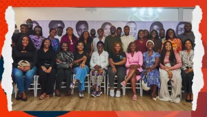 Group photograph of the 14 female founders and partners at the BGIS Close-Out Reception and Women Who Build documentary launch in Lagos, Nigeria.
