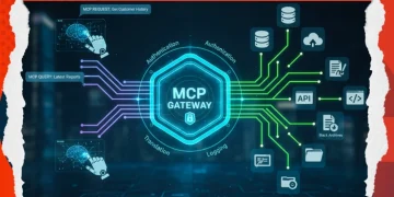 Digital illustration of an MCP Gateway acting as a central security hub, connecting AI requests to various databases and APIs through authentication and logging layers.