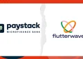 Techsoma Africa Paystack and Flutterwave logos connected by digital infrastructure map, symbolizing the acquisition of Ladder Microfinance Bank and Mono.