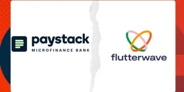 Paystack and Flutterwave logos connected by digital infrastructure map, symbolizing the acquisition of Ladder Microfinance Bank and Mono.