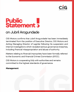 Techsoma Africa CIG Motors official press statement regarding termination of appointment.