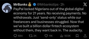 Techsoma Africa Screenshot of a social media post highlighting PayPal’s 21-year "send-only" restriction on Nigerian accounts and the resulting financial exclusion.