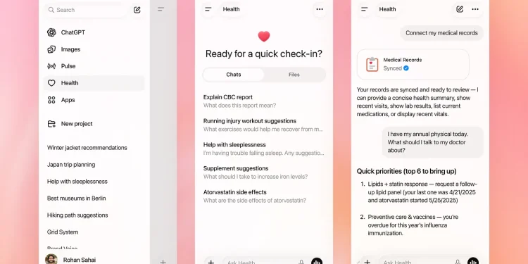 Chatgpt Health Africa: Interface of OpenAI's new ChatGPT Health feature showing connected apps like Apple Health and MyFitnessPal, with a focus on privacy and medical data organization.