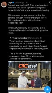 Techsoma Africa Tage announcing the Terra Industries and AIC Steel partnership for Saudi infrastructure security.