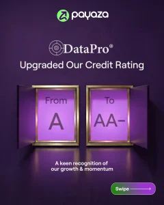 Graphic announcing Payaza's credit rating upgrade from A to AA- by DataPro