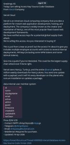 ShinyHunters breach forum post claiming access to Vercel database, source code, and NPM tokens for a Next.js supply chain attack.