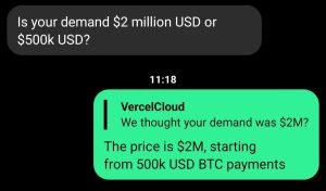 Leaked chat log showing ShinyHunters demanding a 2 million dollar ransom from VercelCloud to stop the supply chain attack.