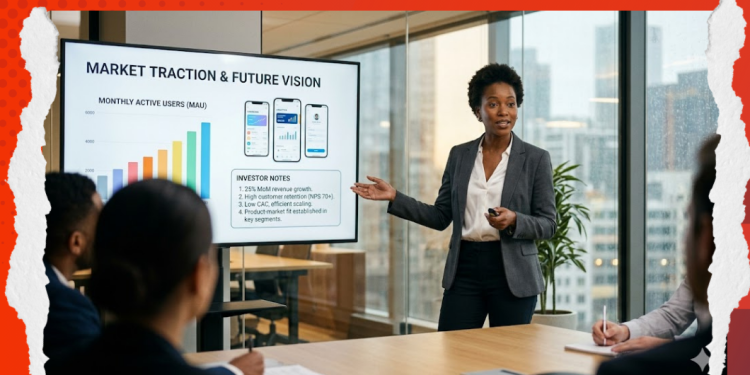 Startup pitch deck guide a founder presenting growth charts and funding slides to investors