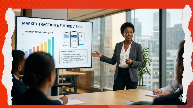 Startup pitch deck guide a founder presenting growth charts and funding slides to investors