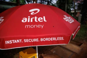 Airtel Money branding displayed outside on an umbrella