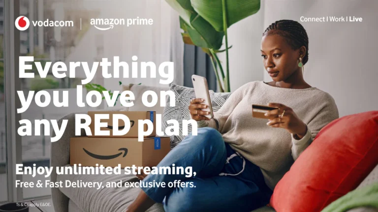 Vodacom and Amazon branding, marking the bundling of Amazon Prime into Vodacom's South African plans