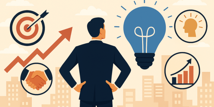 Founder dependency illustration showing a startup founder involved in all aspects of his business