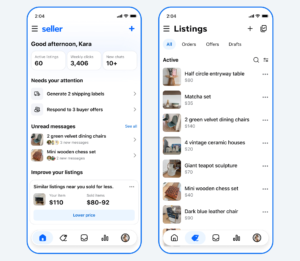Facebook Marketplace seller app interface showing listing management dashboard