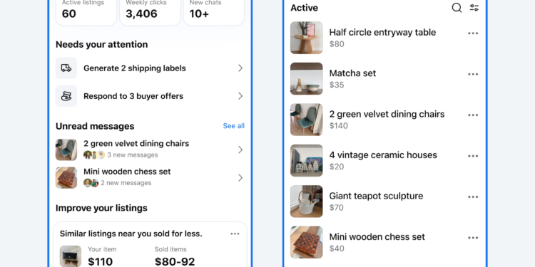 Facebook Marketplace seller app interface showing listing management dashboard