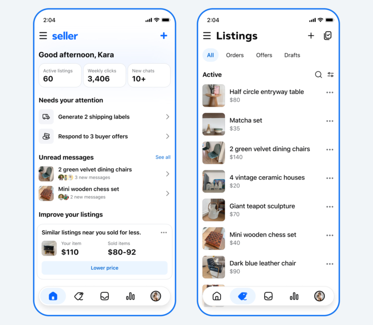 Facebook Marketplace seller app interface showing listing management dashboard