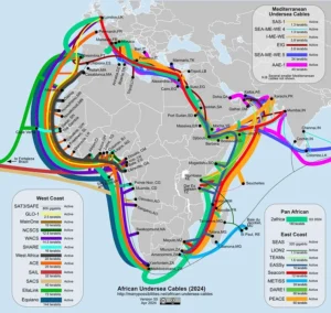 A map of submarine cables connecting Africa to the rest of the world's internet infrastructure