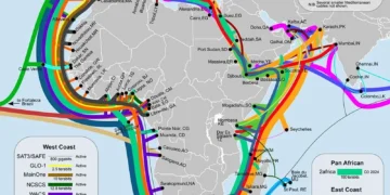 A map of submarine cables connecting Africa to the rest of the world's internet infrastructure