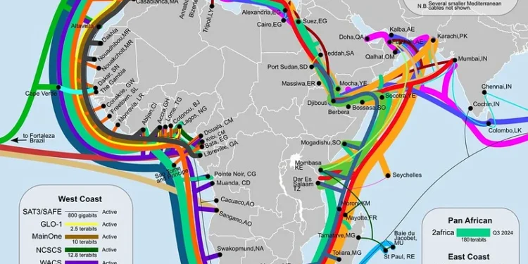 Techsoma Africa A map of submarine cables connecting Africa to the rest of the world's internet infrastructure