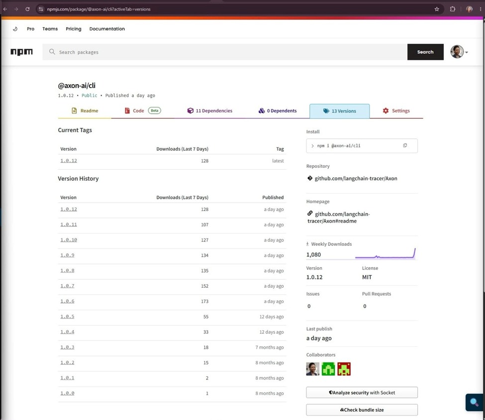 Axon AI observability npm page showing over 1,000 weekly downloads and active releases