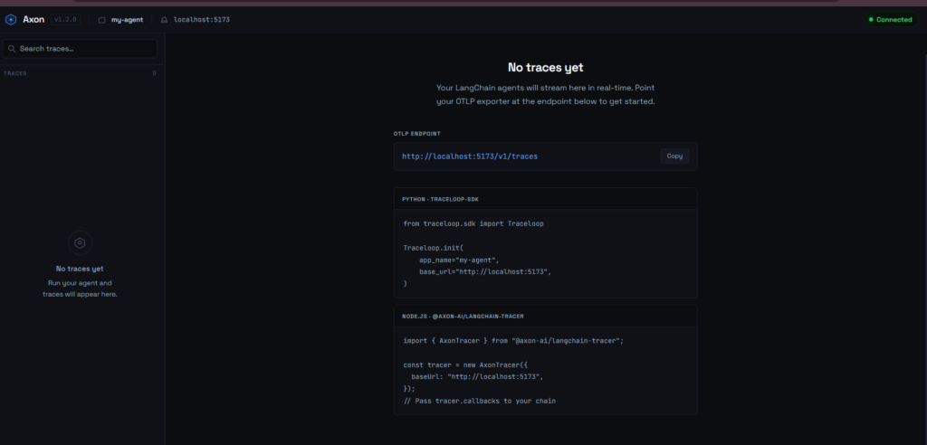 Axon AI observability dashboard displaying AI execution traces, prompts, and tool calls