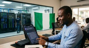 A Nigerian professional using an AI chatbot on a smartphone with the Nigerian flag and a data centre in the background
