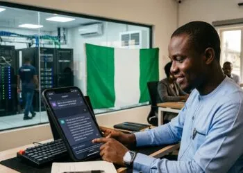 A Nigerian professional using an AI chatbot on a smartphone with the Nigerian flag and a data centre in the background