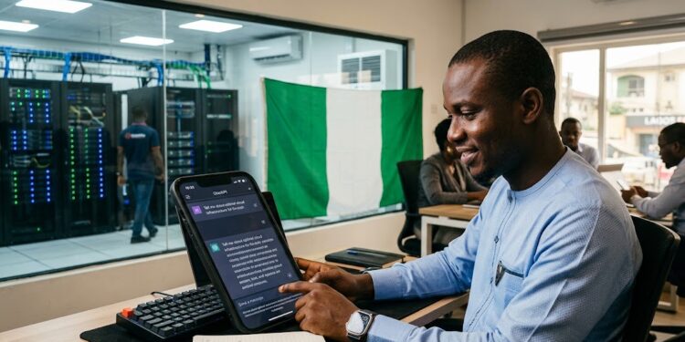 The Gap Between Nigeria's AI Adoption and AI Ownership 2 A Nigerian professional using an AI chatbot on a smartphone with the Nigerian flag and a data centre in the background