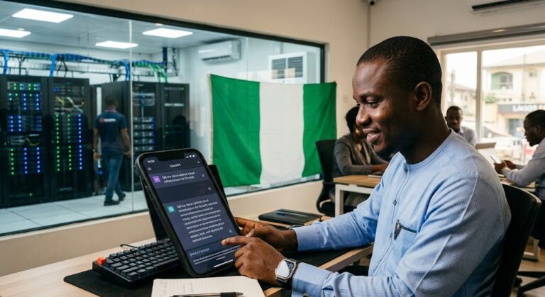 A Nigerian professional using an AI chatbot on a smartphone with the Nigerian flag and a data centre in the background