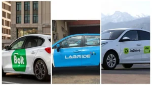 Ride-hailing vehicles in Lagos traffic, where Bolt, inDrive and LagRide now compete for Uber's displaced riders
