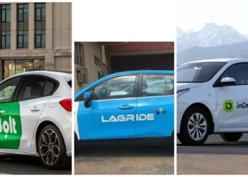 Ride-hailing vehicles in Lagos traffic, where Bolt, inDrive and LagRide now compete for Uber's displaced riders