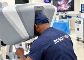 A picture of Professor Obi Ekwenna-Davis performing robotic surgery