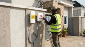A home Wi-Fi router connected to an outdoor unit, MTN and Airtel's fixed wireless broadband option for areas without fibre