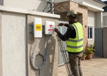 A home Wi-Fi router connected to an outdoor unit, MTN and Airtel's fixed wireless broadband option for areas without fibre